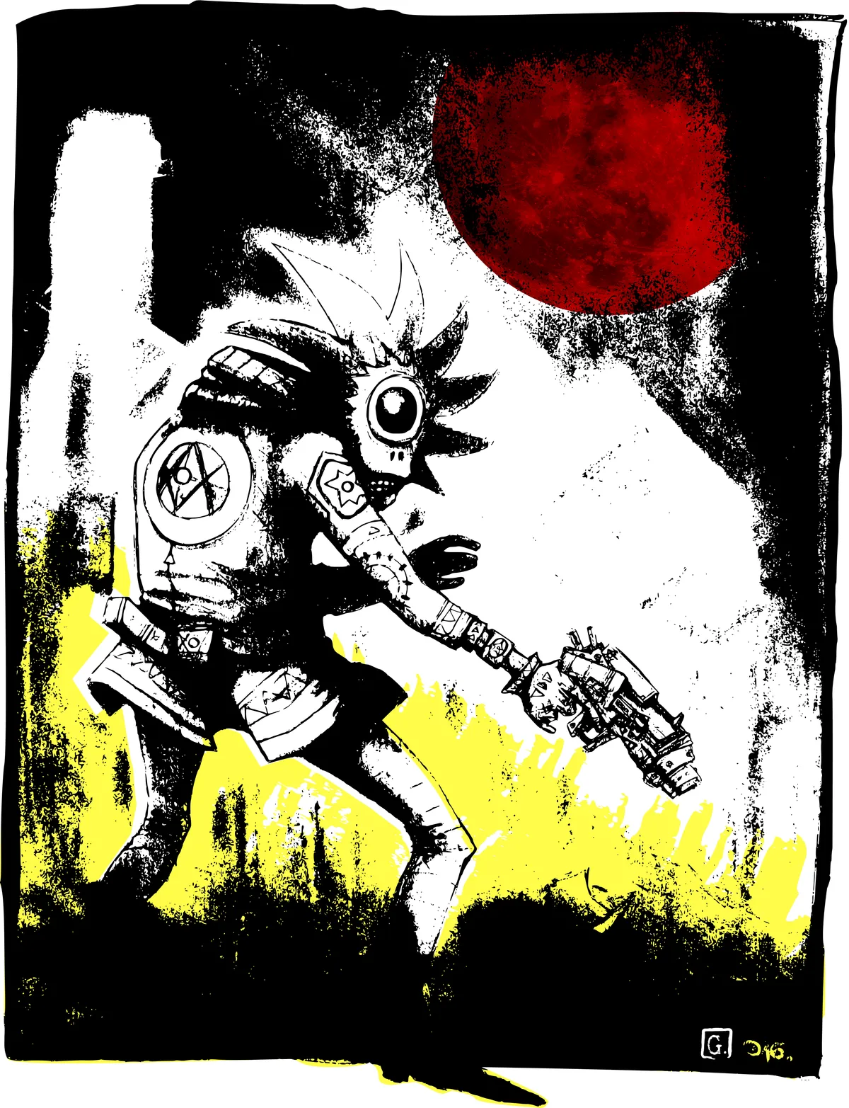 Alien cyclopéen de dos et manifestement pris par surprise tenant un flingue dans la main droite