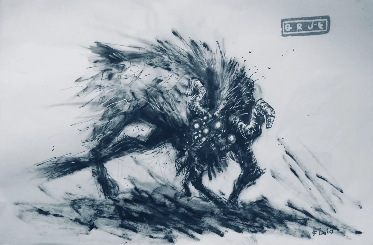 Un loup avec des cornes et une grappe d'yeux globuleux