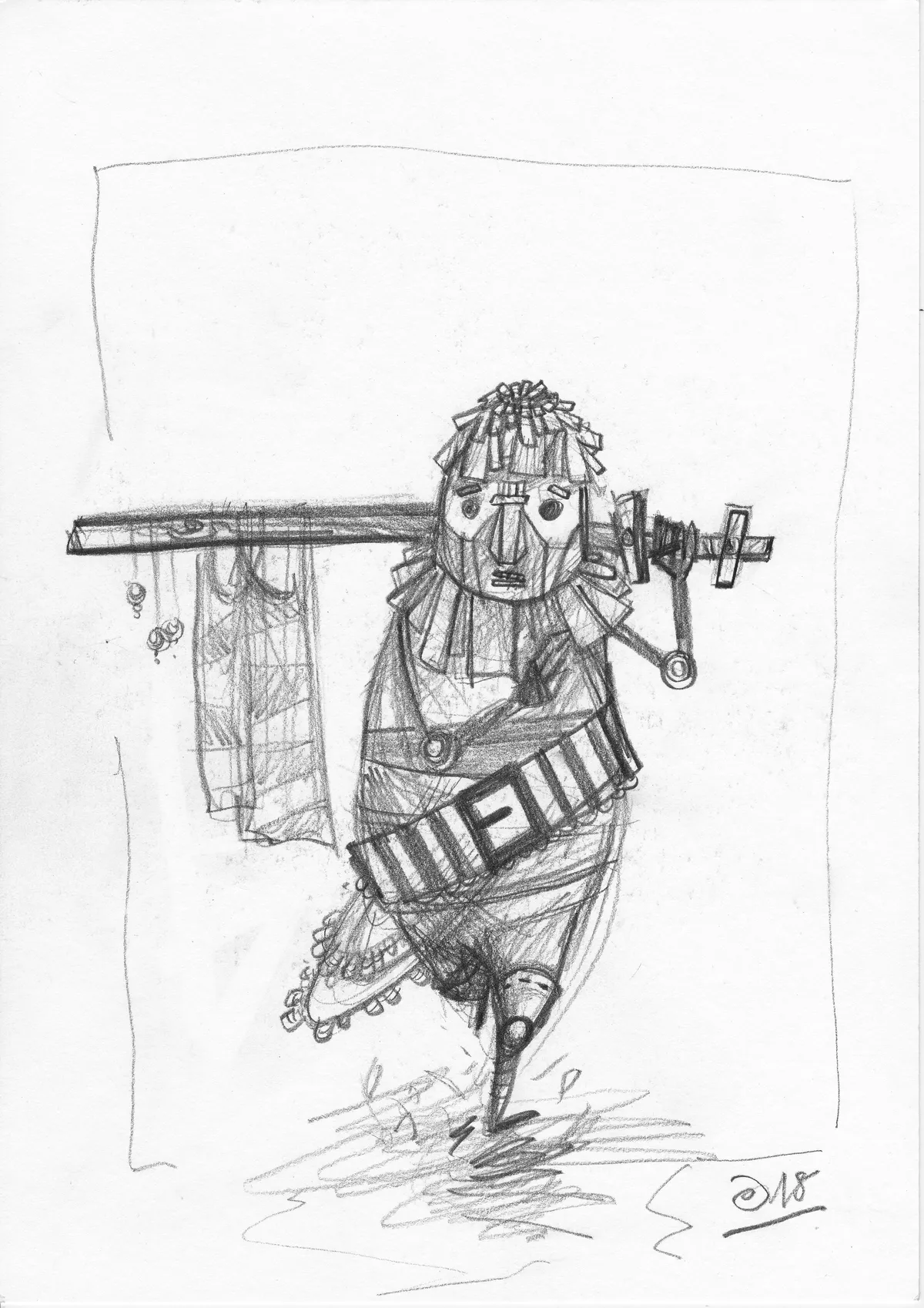 Un jeune pantin en bois habillé renaissance marche en tenant dans sa main gauche un sabre en bois décoré de multiples décoration et d'un drapeau