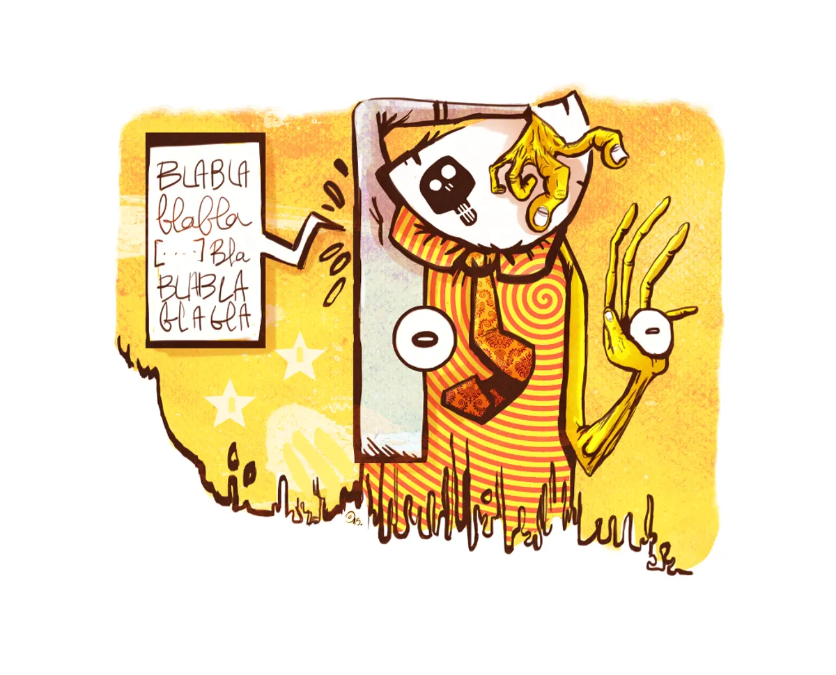 Tête de bol avec crâne et main qui passe devant le visage portant une chemise et tient une oeil dans une main 