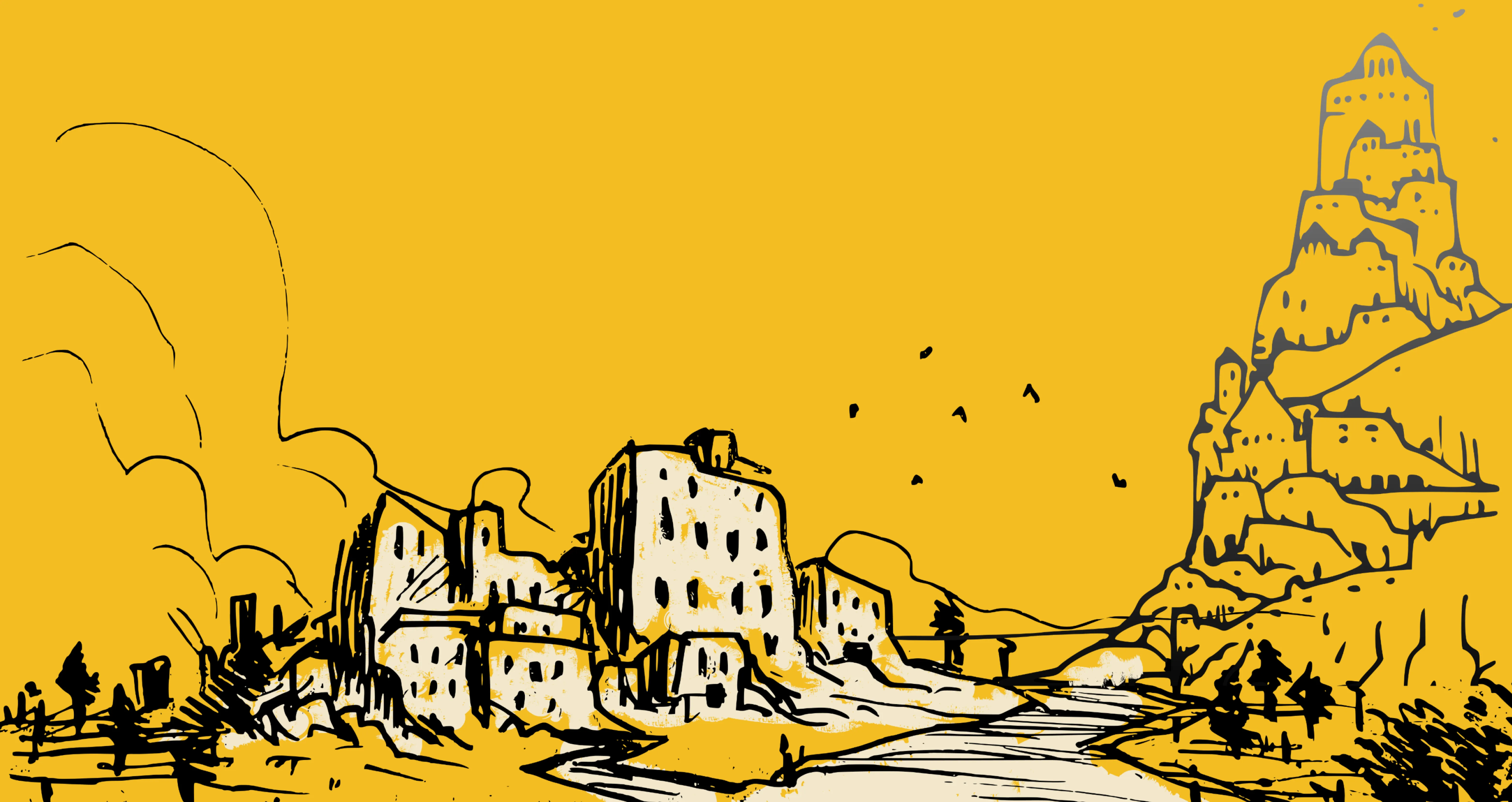 Maison route et ville sur une montagne au loin
