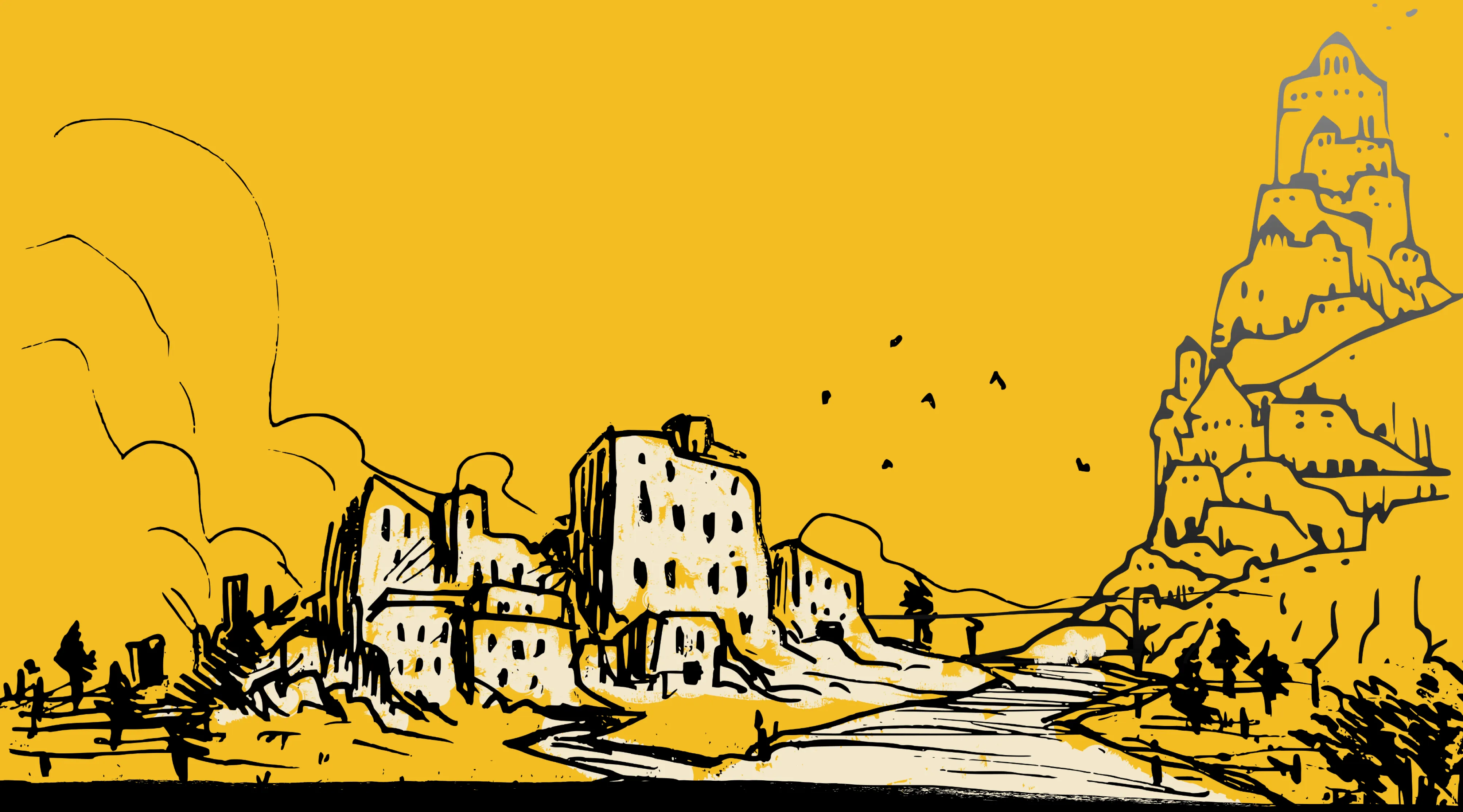 Maison route et ville sur une montagne au loin