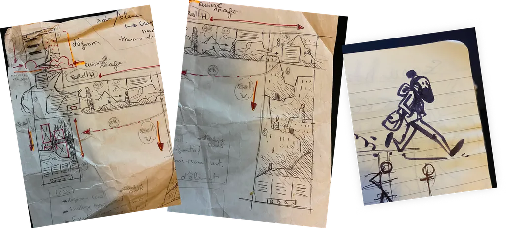 Double page du projet 1 sur papier + personnage bd